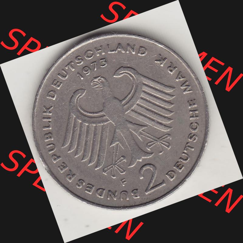 BRD Münzen 2 DM, Gedenkmünze 1969-1987, 2 DM, Deutsche Mark Konrad Adenauer 1973 F-1. Vorderseite einer 2 DM, 2 Deutsche Mark F Gedenkmünze, Mzz.... Sammlung