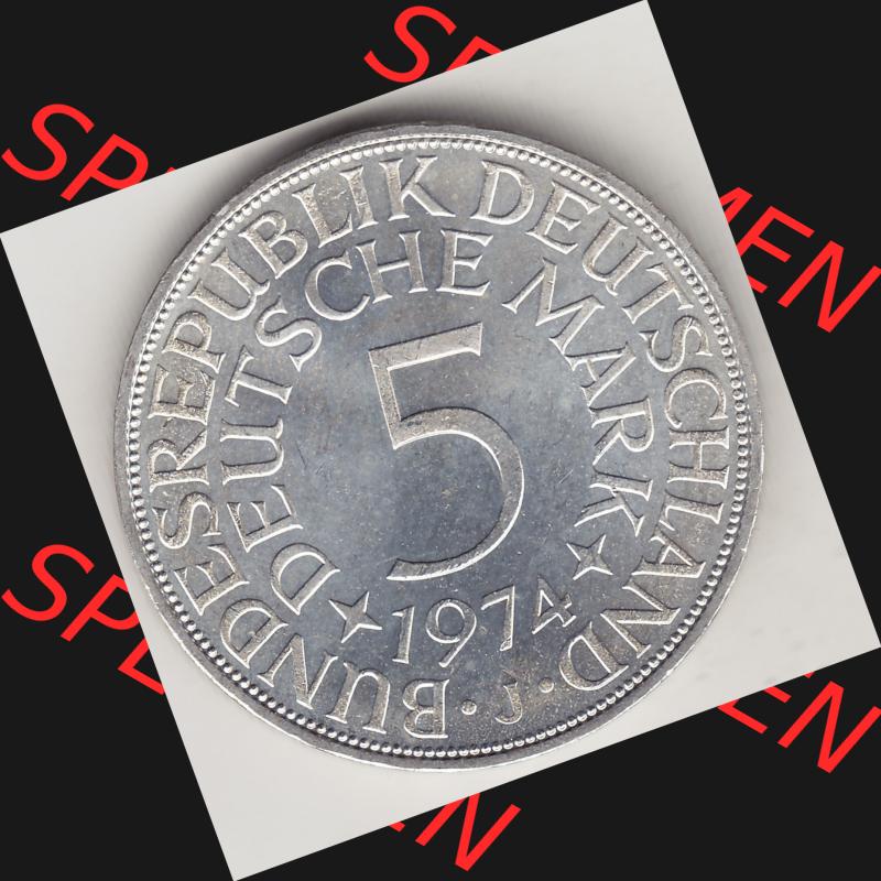 BRD Münzen Silbermünze 1951-1974, 5 DM, 5 Deutsche Mark Silberadler, Heiermann 1974 Münzzeichen / Mzz. "J" für Hamburg - 1. Rückseite... Sammlung
