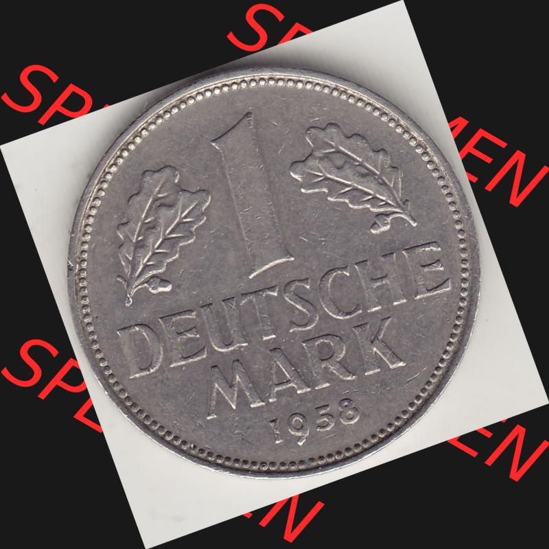 BRD Münzen 1 Deutsche Mark, Umlaufmünze 1950-2001, 1 DM Deutsche Mark, 1958 J-1. Münzen-Rückseite mit Nennwert / Nominalwert / Wert-Zahl einer 1 DM,... Sammlung