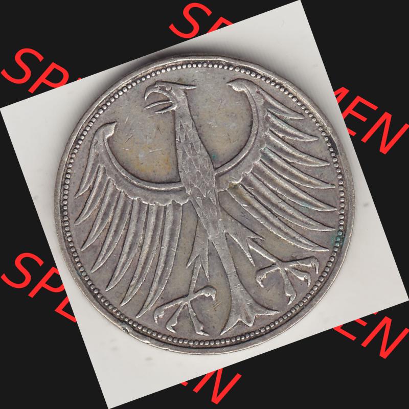 BRD Münzen Silbermünze 1951-1974, 5 DM, 5 Deutsche Mark Silberadler, Heiermann 1960 Münzzeichen / Mzz. "J" für Hamburg - 1. Vorderseite... Sammlung