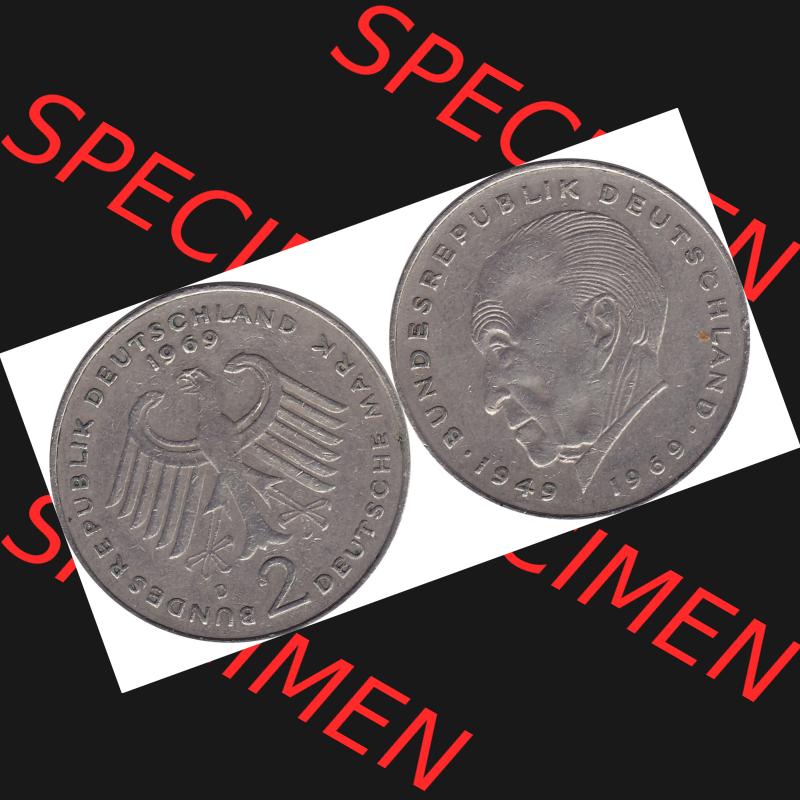 BRD Münzen 2 DM, Gedenkmünze 1969-1987, 2 DM, Deutsche Mark Münze mit Konrad Adenauer aus Deutschland 1969 D-1. Vorderseite und Rückseite mit Wert-Zahl von... Sammlung