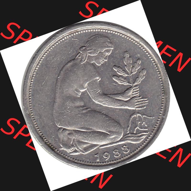 BRD Münzen 50 Pf. Umlaufmünze 1950-2001, 50 Pfennig BRD Deutschland 1988 Stuttgart Mzz. F-1. Vorderseite mit 50-Pfennig Frau beim pflanzen eines Eichensetzling,... Sammlung