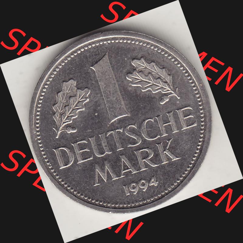 BRD Münzen 1 Deutsche Mark, Umlaufmünze 1950-2001, 1 DM Deutsche Mark, 1994 D-1. Münzen-Rückseite mit Nennwert / Nominalwert / Wert-Zahl einer 1 DM,... Sammlung