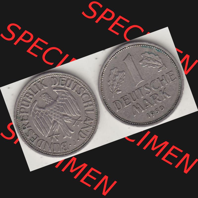 BRD Münzen 1 DM, Umlaufmünze 1950-2001, 1 DM Deutsche Mark, 1950 J-3. Münzen-Rückseite und Münzen-Vorderseite als Vollansicht einer 1 DM, 1 Deutsche... Sammlung