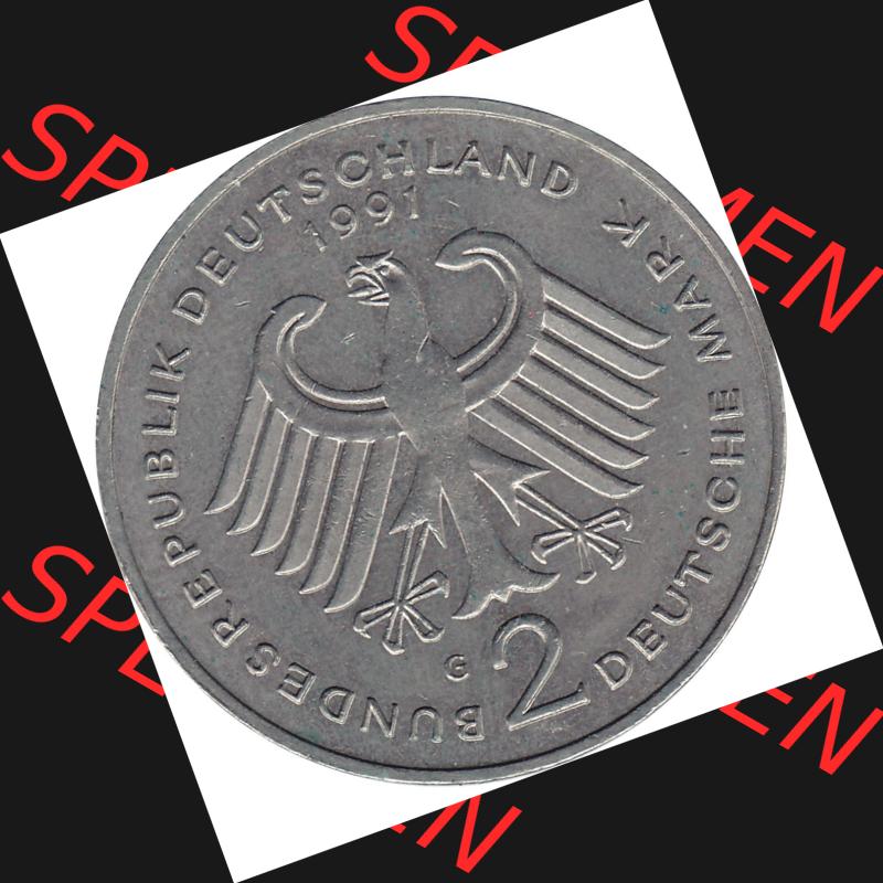 BRD Münzen 2 DM, Gedenkmünze 1979-1993, 2 DM, Deutsche Mark Kurt Schumacher Deutschland 1991 G-1. Gutes Bild / Foto / Münzenbild der Vorderseite einer 2... Sammlung