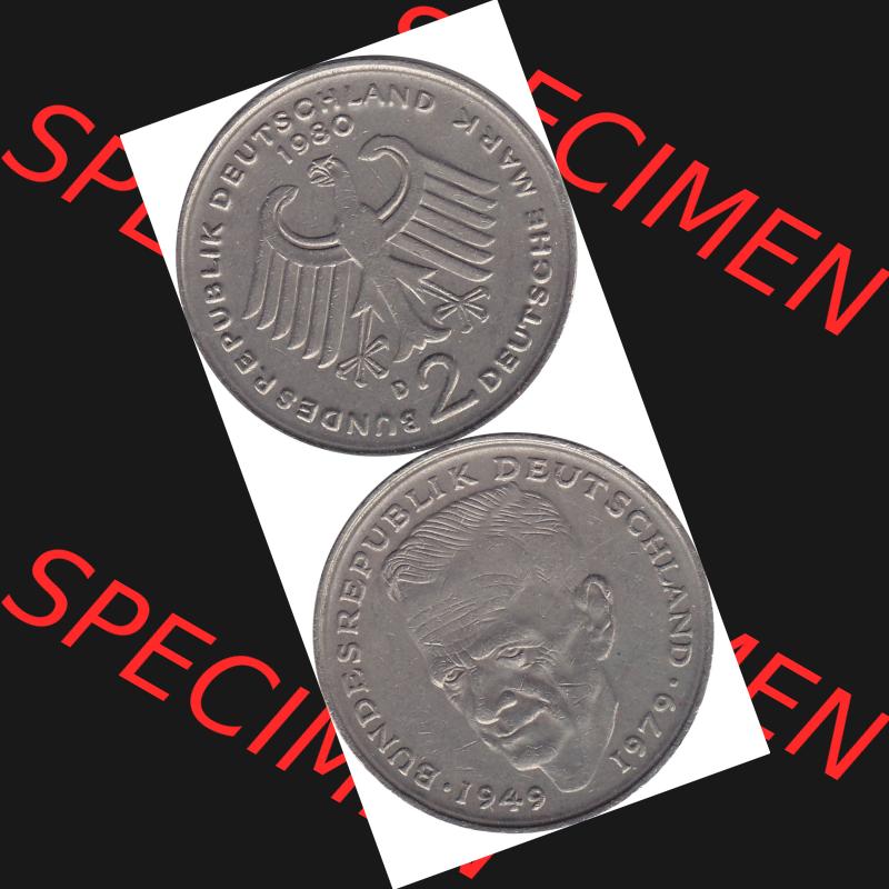 BRD Münzen 2 DM, Gedenkmünze 1979-1993, 2 DM, Deutsche Mark Kurt Schumacher 1980 D-1. Vorderseite und Rückseite mit Wert-Zahl eine 2 DM - Zwei Deutsche Mark Münze... Sammlung
