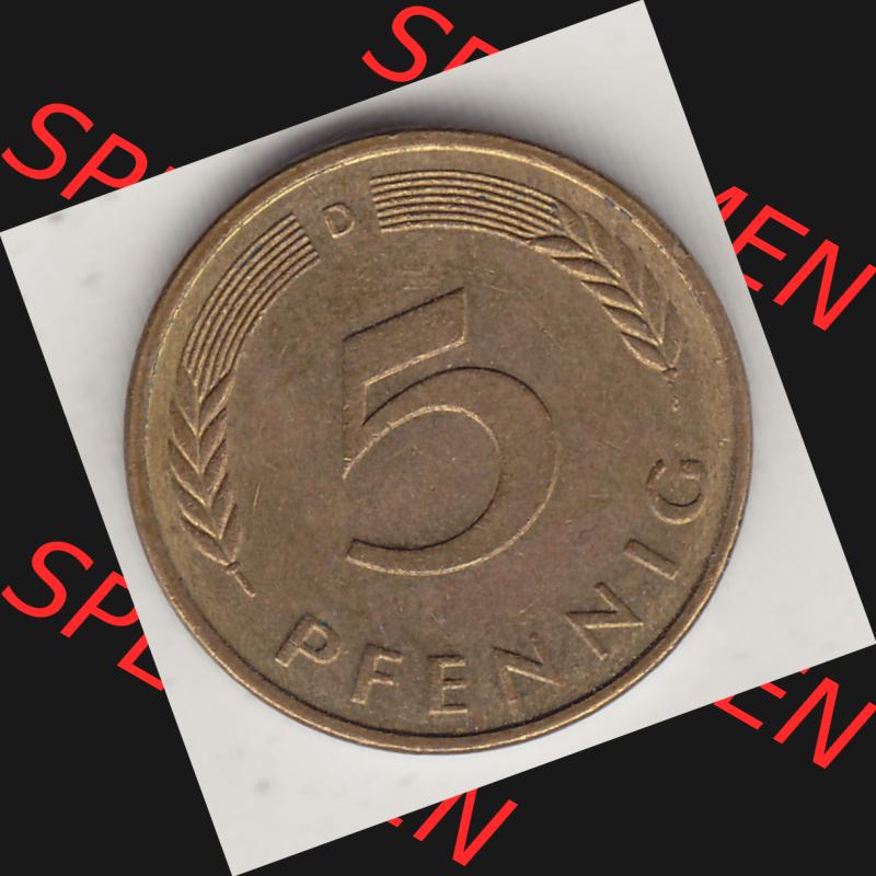 BRD Münzen 5 Pf., Umlaufmünze 1950-2001, 5 Pfennig, 1987 D-1. Rückseite einer 5 Pfennig D, Mzz. D für München - Münze aus Deutschland... Sammlung