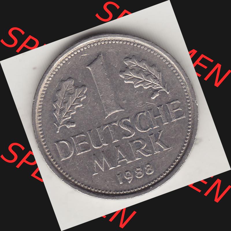BRD Münzen 1 Deutsche Mark, Umlaufmünze 1950-2001, 1 DM Deutsche Mark, 1988 F-1. Münzen-Rückseite mit Nennwert / Nominalwert / Wert-Zahl einer 1 DM,... Sammlung