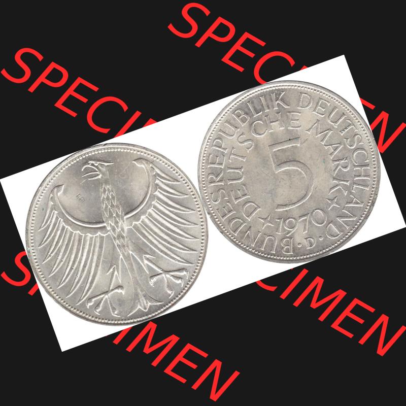 BRD Münzen Silbermünze 1951-1974, 5 DM aus Deutschland, 5 Deutsche Mark Silberadler, Heiermann 1970 Münzzeichen / Mzz. "D" für München-1.... Sammlung