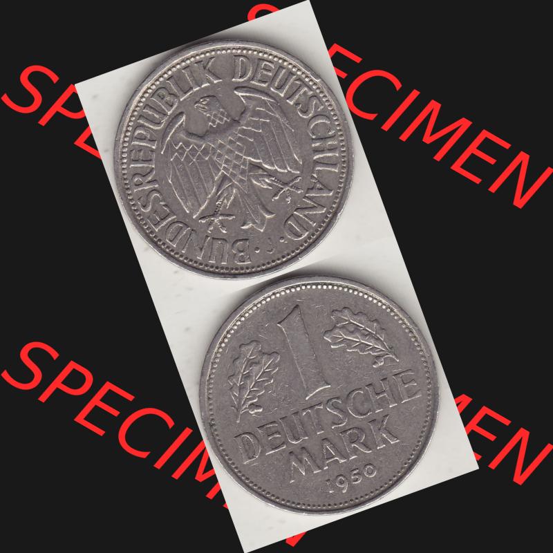 BRD Münzen 1 DM, Umlaufmünze 1950-2001, 1 DM Deutsche Mark, 1950 J-2. Münzen-Rückseite und Münzen-Vorderseite vertikal untereinander als Vollansicht für... Sammlung