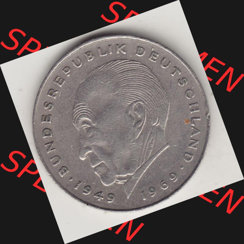 BRD Münzen 2 DM, Gedenkmünze 1969-1987, 2 DM, Deutsche Mark Konrad Adenauer 1969 D-1. Rückseite einer 2 DM, 2 Deutsche Mark D Gedenkmünze, Mzz.... Sammlung