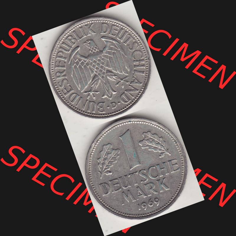 BRD Münzen 1 Deutsche Mark, Umlaufmünze 1950-2001, 1 DM Deutsche Mark, 1969 D-1. Münzen-Rückseite und Münzen-Vorderseite vertikal untereinander als Vollansicht... Sammlung