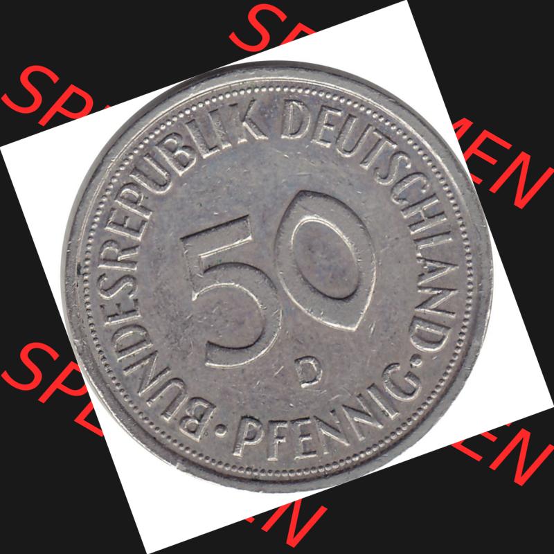 BRD Münzen 50 Pf. Umlaufmünze 1950-2001, 50 Pfennig BRD Deutschland 1991 München mit Mzz. D-1. Rückseite mit Wert-Zahl einer 50 Pfennig Münze einer DM... Sammlung