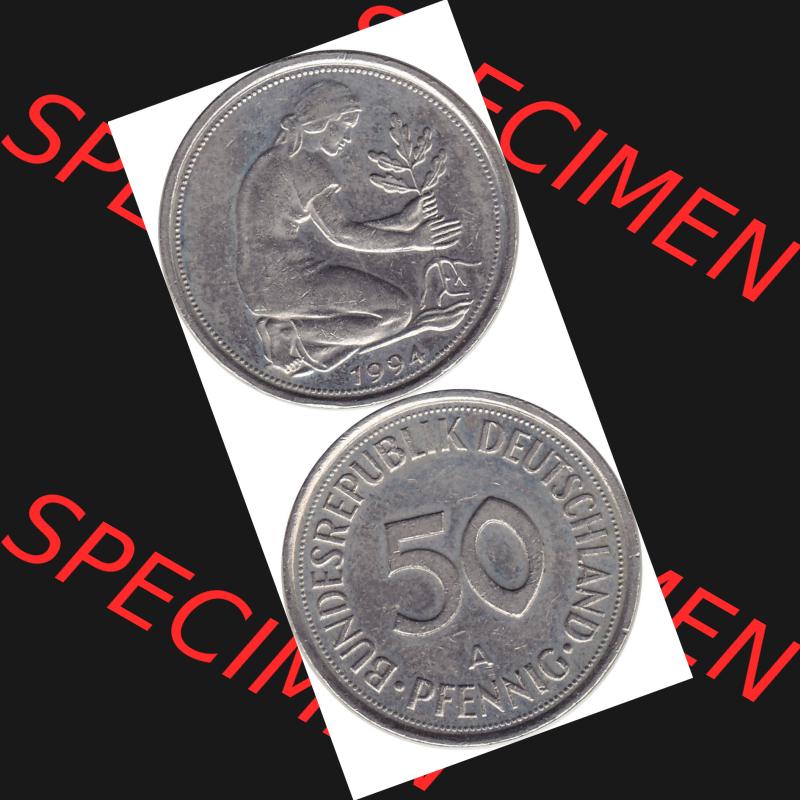 BRD Münzen 50 Pf. Umlaufmünze 1990-2001, 50 Pfennig BRD Deutschland 1994 A-1. Vorderseite und Rückseite mit Wert-Zahl eine 50 Pfennig Münze der ehemaligen DM-Währung... Sammlung
