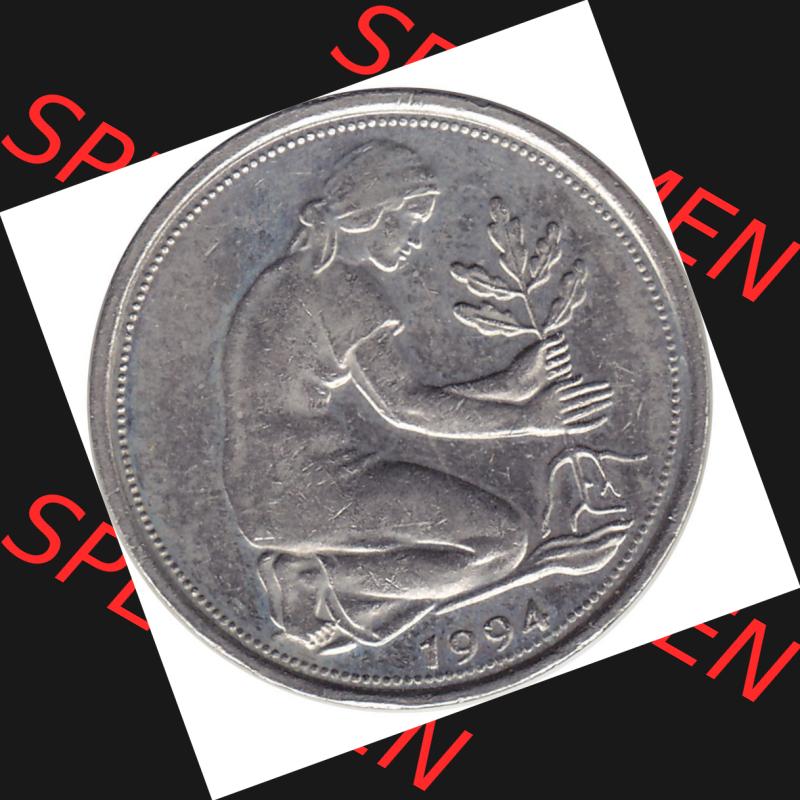 BRD Münzen 50 Pf. Umlaufmünze 1990-2001, 50 Pfennig BRD Deutschland 1994 A-1. Vorderseite einer Deutschen Münze der BRD, Bundesrepublik in einer Auflösung... Sammlung