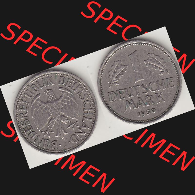 BRD Münzen 1 Deutsche Mark, Umlaufmünze 1950-2001, 1 DM Deutsche Mark, 1950 J-6. Münzen-Rückseite und Münzen-Vorderseite als Vollansicht einer 1 DM,... Sammlung