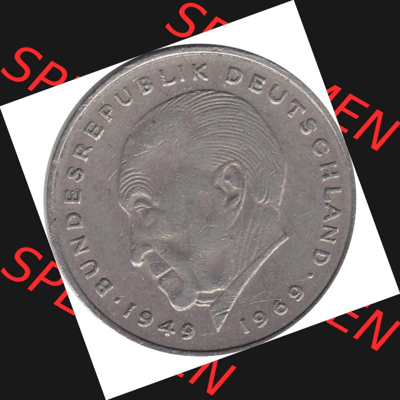 BRD Münzen 2 DM, Gedenkmünze 1969-1987, 2 DM, Deutsche Mark Münze mit Konrad Adenauer aus Deutschland 1976 F-1. Rückseite mit Wert-Zahl von 5 DM einer Deutschen... Sammlung