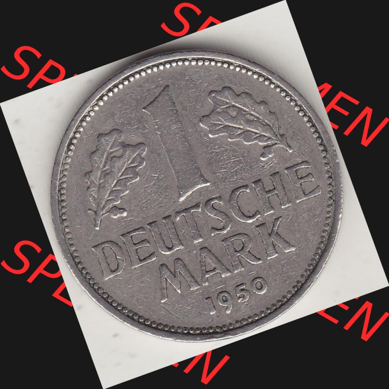 BRD Münzen 1 DM, Umlaufmünze 1950-2001, 1 DM Deutsche Mark, 1950 D-3. Münzen-Rückseite mit Nennwert / Nominalwert / Wert-Zahl einer 1 DM, 1 Deutsche... Sammlung