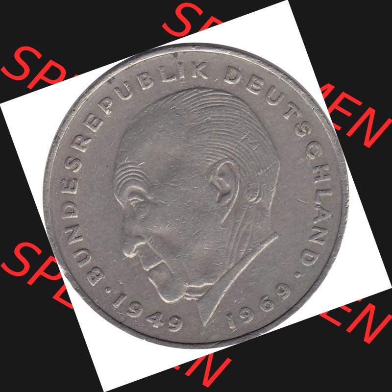 BRD Münzen 2 DM, Gedenkmünze 1969-1987, 2 DM, Deutsche Mark Münze mit Konrad Adenauer aus Deutschland 1974 F-1. Rückseite mit Wert-Zahl von 5 DM einer Deutschen... Sammlung