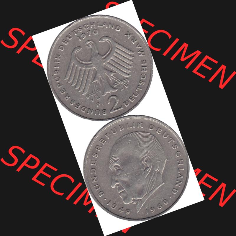 BRD Münzen 2 DM, Gedenkmünze 1969-1987, 2 DM, Deutsche Mark Münze mit Konrad Adenauer aus Deutschland 1970 F-1. Vorderseite und Rückseite mit Wert-Zahl eine... Sammlung