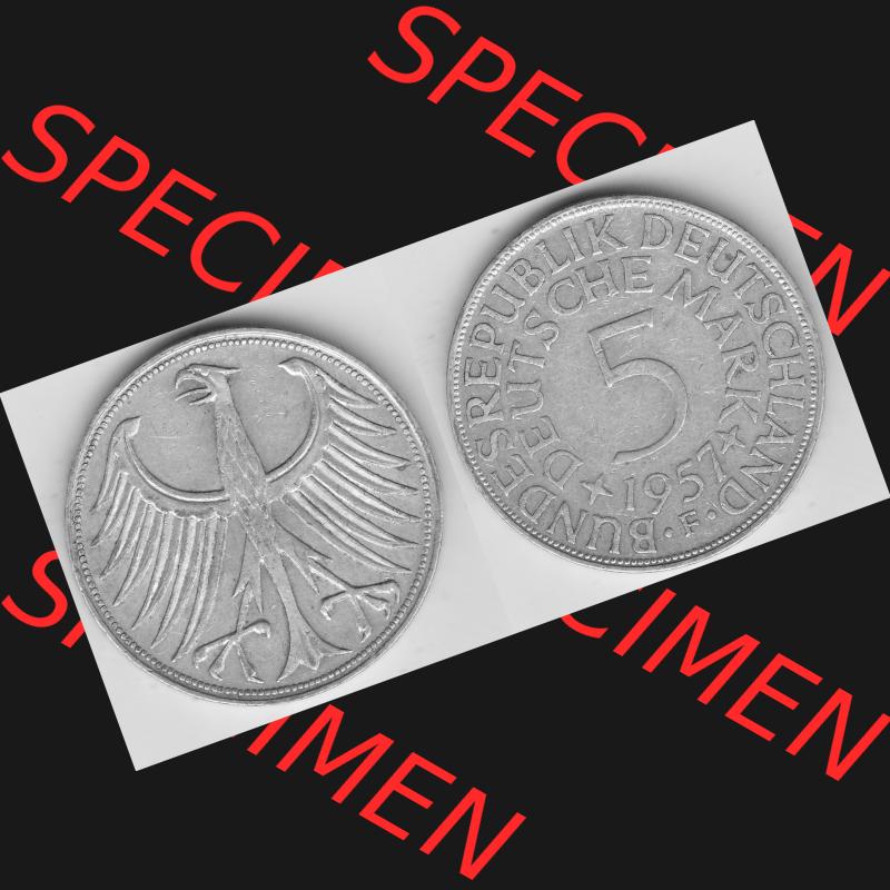 BRD Münzen Silbermünze 1951-1974, 5 DM, 5 Deutsche Mark Silberadler, Heiermann 1957 Münzzeichen / Mzz. "F" für Stuttgart - 1. Vorderseite... Sammlung