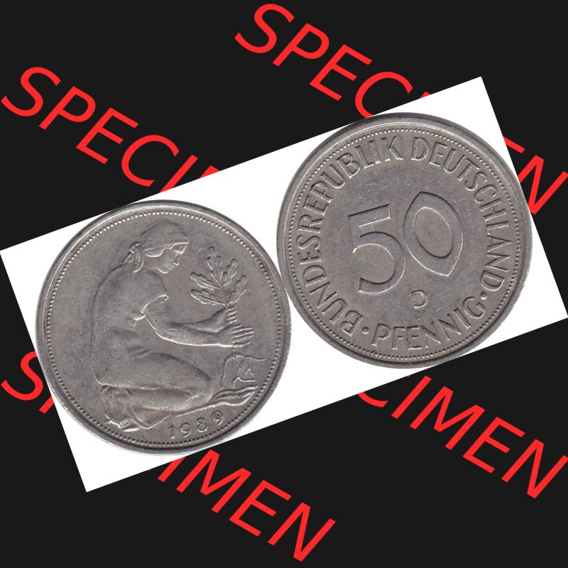 BRD Münzen 50 Pf. Umlaufmünze 1950-2001, 50 Pfennig BRD Deutschland 1989 München mit Mzz. D-1. Vorderseite und Rückseite mit Wert-Zahl einer 50 Pfennig Münze... Sammlung