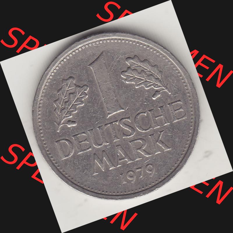 BRD Münzen 1 Deutsche Mark, Umlaufmünze 1950-2001, 1 DM Deutsche Mark, 1979 J-1. Münzen-Rückseite mit Nennwert / Nominalwert / Wert-Zahl einer 1 DM,... Sammlung
