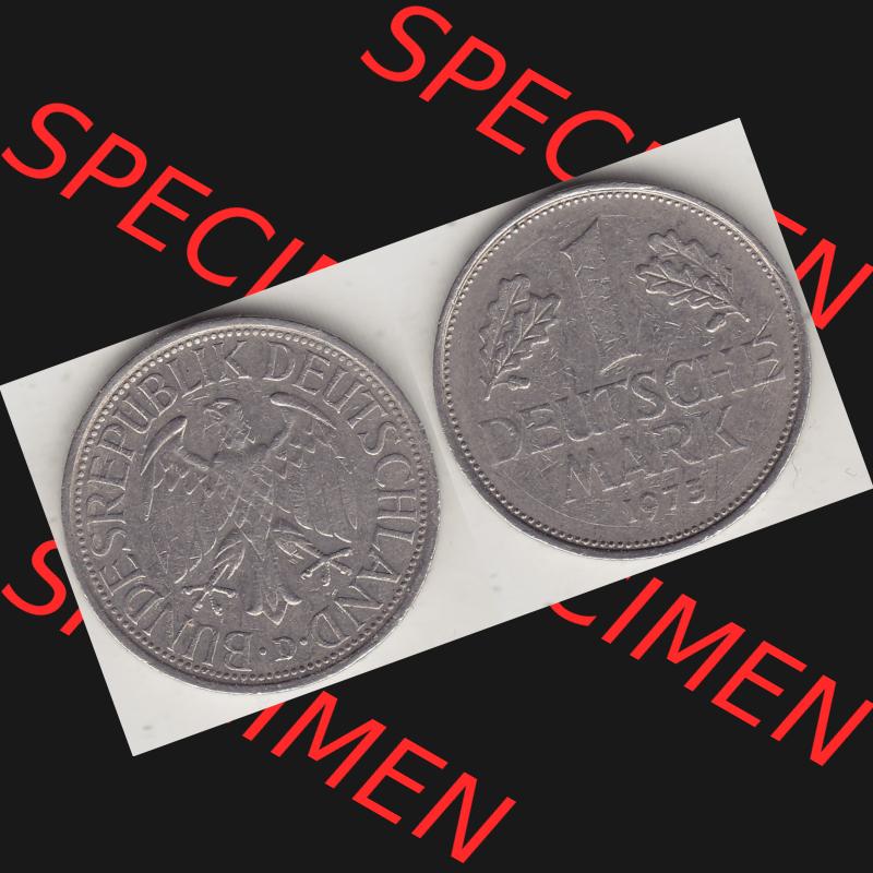 BRD Münzen 1 Deutsche Mark, Umlaufmünze 1950-2001, 1 DM Deutsche Mark, 1973 D-1. Münzen-Rückseite und Münzen-Vorderseite als Vollansicht einer 1 DM,... Sammlung