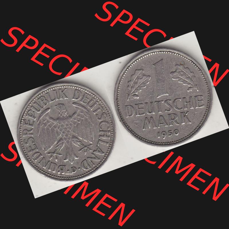 BRD Münzen 1 DM, Umlaufmünze 1950-2001, 1 DM Deutsche Mark, 1950 D-2. Münzen-Rückseite und Münzen-Vorderseite als Vollansicht einer 1 DM, 1 Deutsche... Sammlung