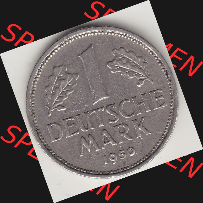 BRD Münzen 1 Deutsche Mark, Umlaufmünze 1950-2001, 1 DM Deutsche Mark, 1950 J-5. Münzen-Rückseite mit Nennwert / Nominalwert / Wert-Zahl einer 1 DM,... Sammlung
