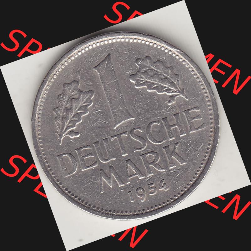 BRD Münzen 1 Deutsche Mark, Umlaufmünze 1950-2001, 1 DM Deutsche Mark, 1954 G-1. Münzen-Rückseite mit Nennwert / Nominalwert / Wert-Zahl einer 1 DM,... Sammlung