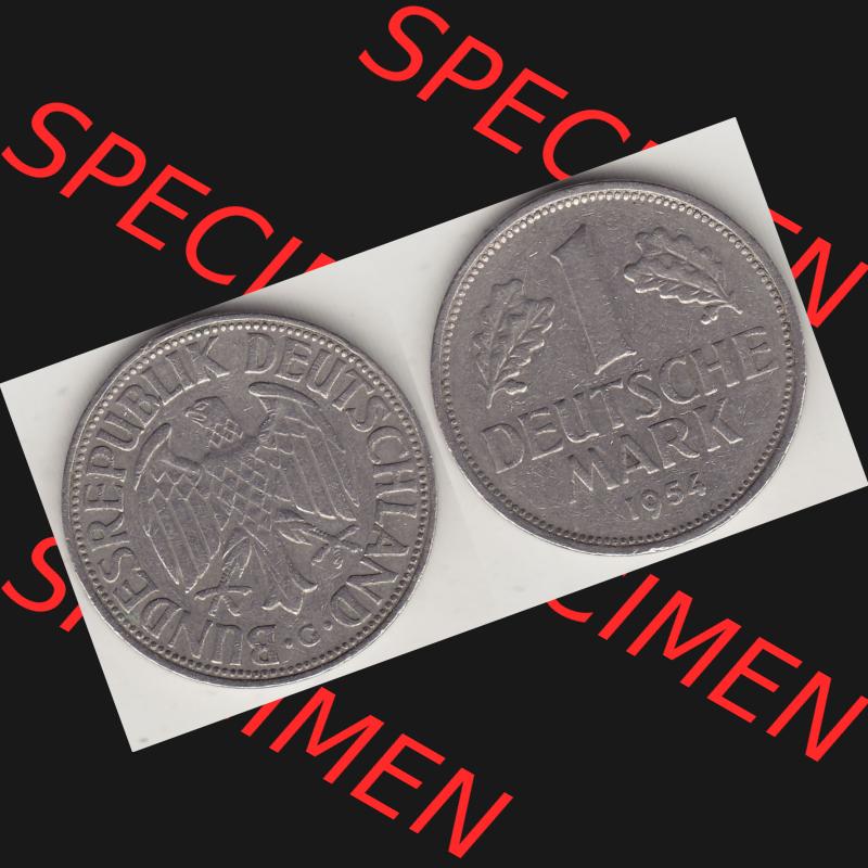 BRD Münzen 1 Deutsche Mark, Umlaufmünze 1950-2001, 1 DM Deutsche Mark, 1954 G-3. Münzen-Rückseite und Münzen-Vorderseite als Vollansicht einer 1 DM,... Sammlung