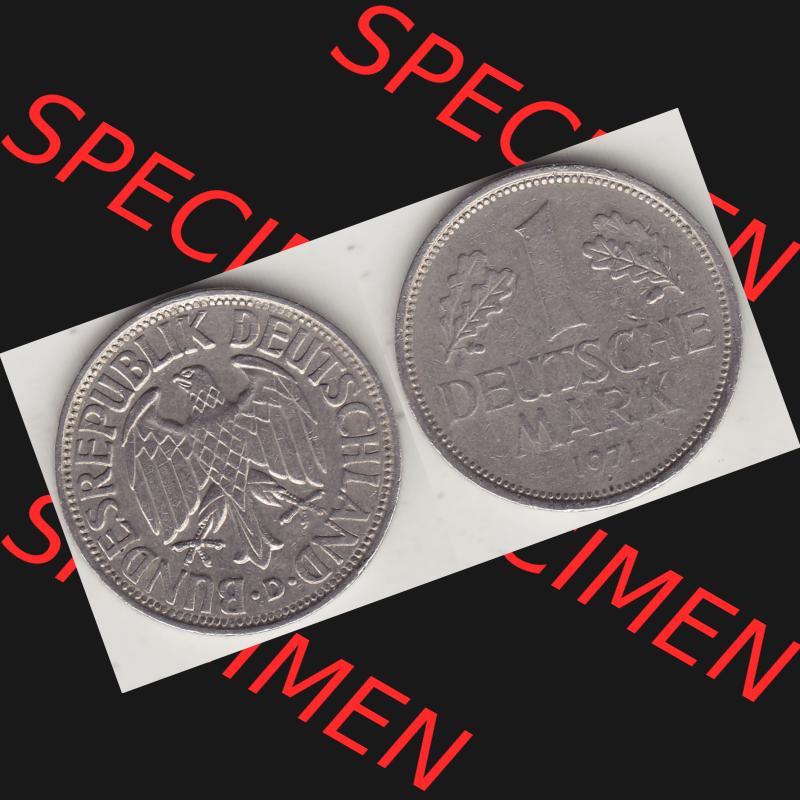 BRD Münzen 1 Deutsche Mark, Umlaufmünze 1950-2001, 1 DM Deutsche Mark, 1971 D-1. Münzen-Rückseite und Münzen-Vorderseite als Vollansicht einer 1 DM,... Sammlung