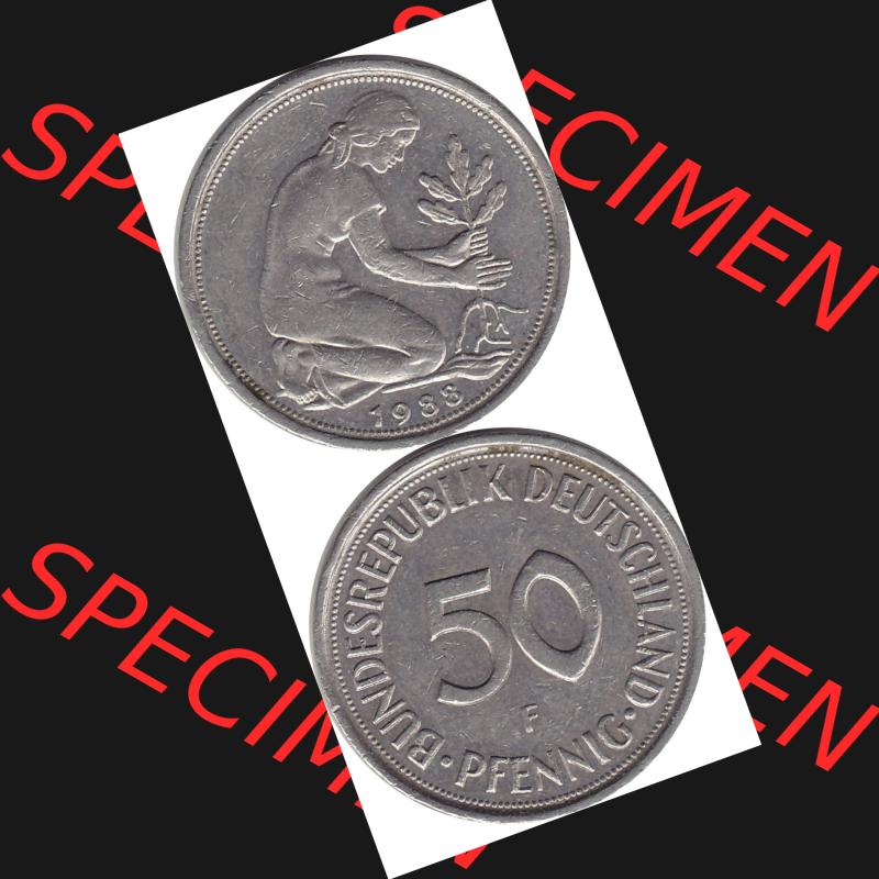 BRD Münzen 50 Pf. Umlaufmünze 1950-2001, 50 Pfennig BRD Deutschland 1988 Stuttgart Mzz. F-1. Vorderseite und Rückseite mit Wert-Zahl eine 50 Pfennig Münze... Sammlung