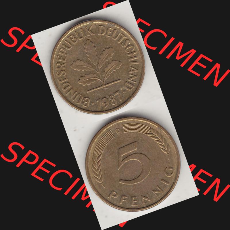 BRD Münzen 5 Pf., Umlaufmünze 1950-2001, 5 Pfennig, 1987 D-1. Vorderseite und Rückseite vertikal untereinander zusammen auf einen Bild / Foto für... Sammlung