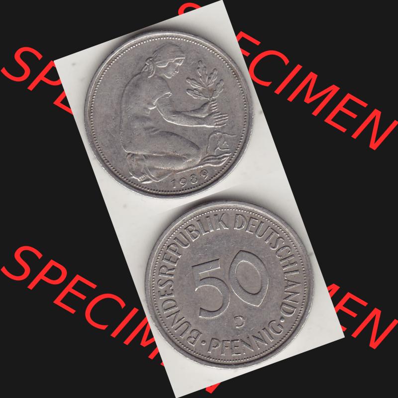 BRD Münzen 50 Pf. Umlaufmünze 1950-2001, 50 Pfennig BRD Deutschland 1989 D-1. Vorderseite und Rückseite auf einen Bild / Foto vertikal untereinander zusammengefügt,... Sammlung
