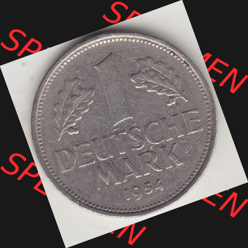 BRD Münzen 1 Deutsche Mark, Umlaufmünze 1950-2001, 1 DM Deutsche Mark, 1954 G-2. Münzen-Rückseite mit Nennwert / Nominalwert / Wert-Zahl einer 1 DM,... Sammlung