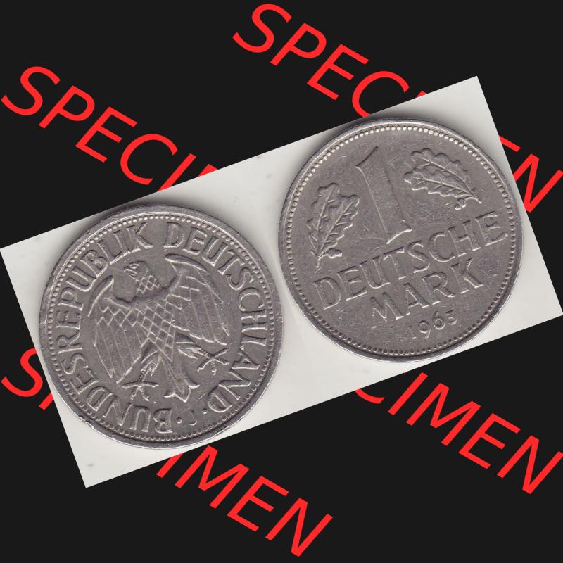 BRD Münzen 1 Deutsche Mark, Umlaufmünze 1950-2001, 1 DM Deutsche Mark, 1963 J-1. Münzen-Rückseite und Münzen-Vorderseite als Vollansicht einer 1 DM,... Sammlung