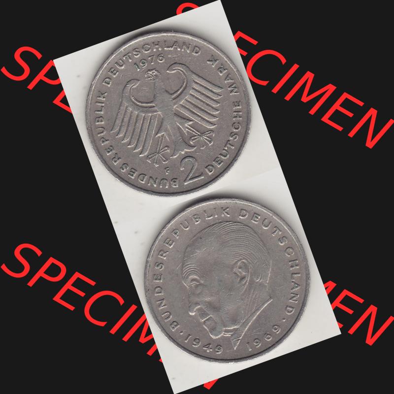BRD Münzen 2 DM, Gedenkmünze 1969-1987, 2 DM, Deutsche Mark Konrad Adenauer 1976 F-1. Vorderseite und Rückseite einer Münze auf einen Bild / Foto,... Sammlung