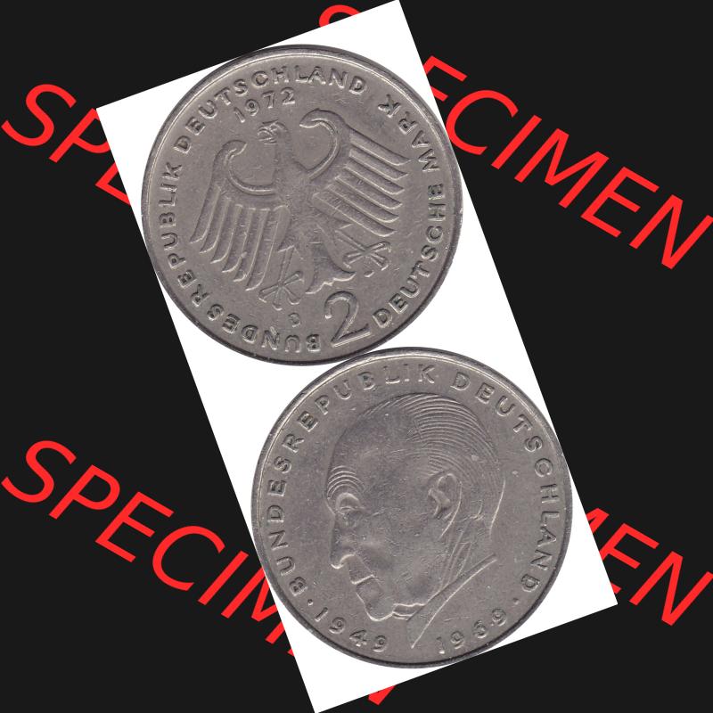 BRD Münzen 2 DM, Gedenkmünze 1969-1987, 2 DM, Deutsche Mark Münze mit Konrad Adenauer aus Deutschland 1972 D-1. Vorderseite und Rückseite mit Wert-Zahl einer... Sammlung