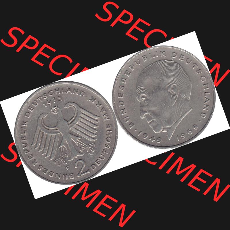 BRD Münzen 2 DM, Gedenkmünze 1969-1987, 2 DM, Deutsche Mark Münze mit Konrad Adenauer aus Deutschland 1975 F-1. Vorderseite und Rückseite mit Wert-Zahl einer... Sammlung