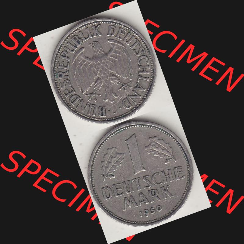 BRD Münzen 1 DM, Umlaufmünze 1950-2001, 1 DM Deutsche Mark, 1950 J-1. Münzen-Rückseite und Münzen-Vorderseite vertikal untereinander als Vollansicht für... Sammlung