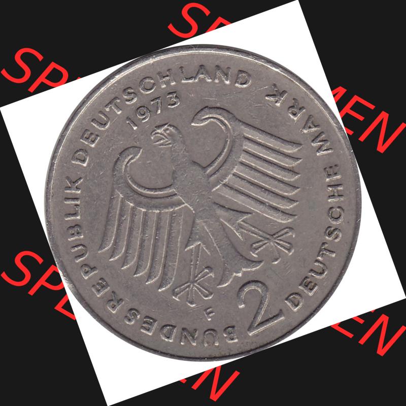 BRD Münzen 2 DM, Gedenkmünze 1969-1987, 2 DM, Deutsche Mark Münze mit Konrad Adenauer aus Deutschland 1973 F-1. Vorderseite einer Deutschen Münze der BRD,... Sammlung