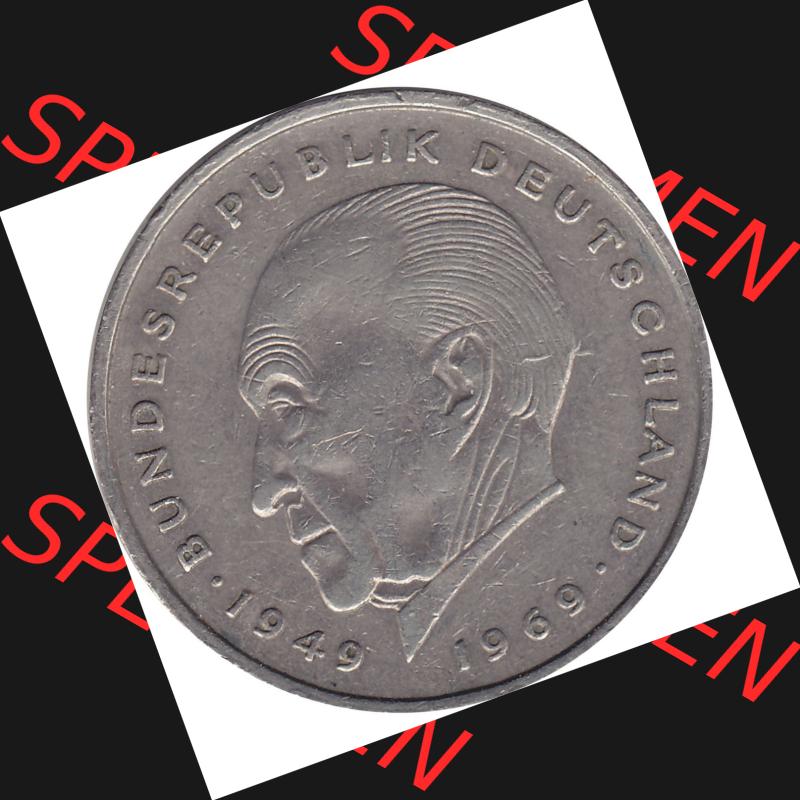 BRD Münzen 2 DM, Gedenkmünze 1969-1987, 2 DM, Deutsche Mark Münze mit Konrad Adenauer aus Deutschland 1970 F-1. Rückseite mit Wert-Zahl von 5 DM einer Deutschen... Sammlung