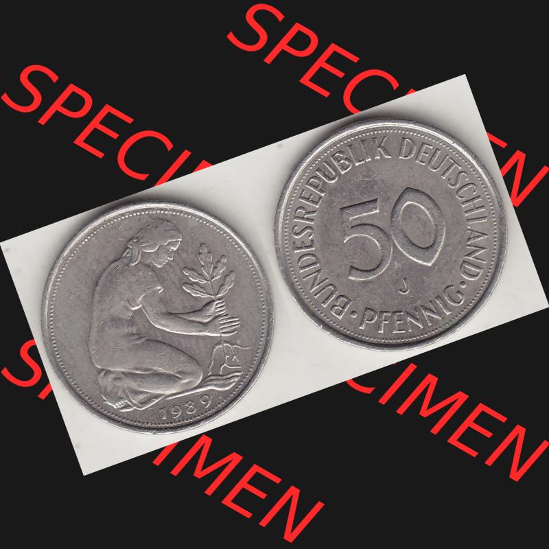 BRD Münzen 50 Pf. Umlaufmünze 1950-2001, 50 Pfennig BRD Deutschland 1989 J-1. Vorderseite und Rückseite mit Wert-Zahl auf einen Bild / Foto der digitalisierten 50... Sammlung
