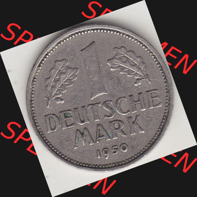 BRD Münzen 1 Deutsche Mark, Umlaufmünze 1950-2001, 1 DM Deutsche Mark, 1950 J-6. Münzen-Rückseite mit Nennwert / Nominalwert / Wert-Zahl einer 1 DM,... Sammlung