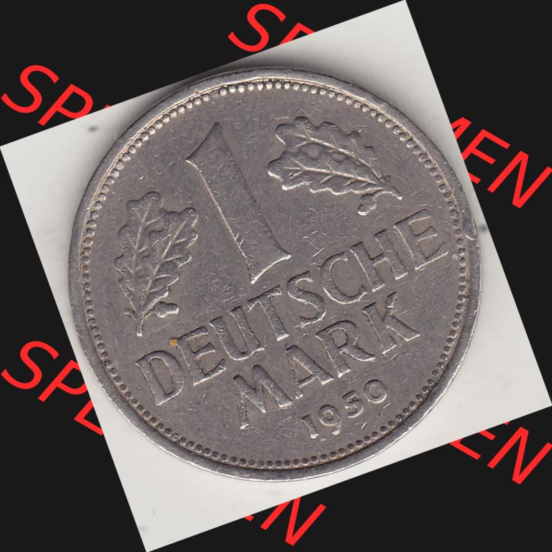 BRD Münzen 1 Deutsche Mark, Umlaufmünze 1950-2001, 1 DM Deutsche Mark, 1950 F-2. Münzen-Rückseite mit Nennwert / Nominalwert / Wert-Zahl einer 1 DM,... Sammlung