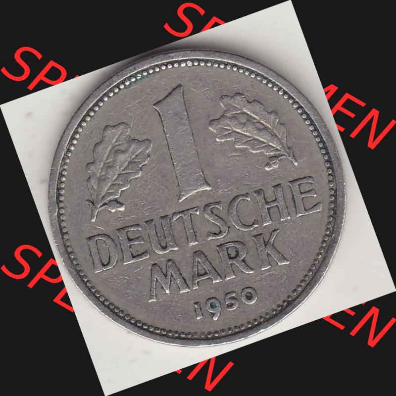 BRD Münzen 1 DM, Umlaufmünze 1950-2001, 1 DM Deutsche Mark, 1950 J-1. Münzen-Rückseite mit Nennwert / Nominalwert / Wert-Zahl einer 1 DM, 1 Deutsche... Sammlung