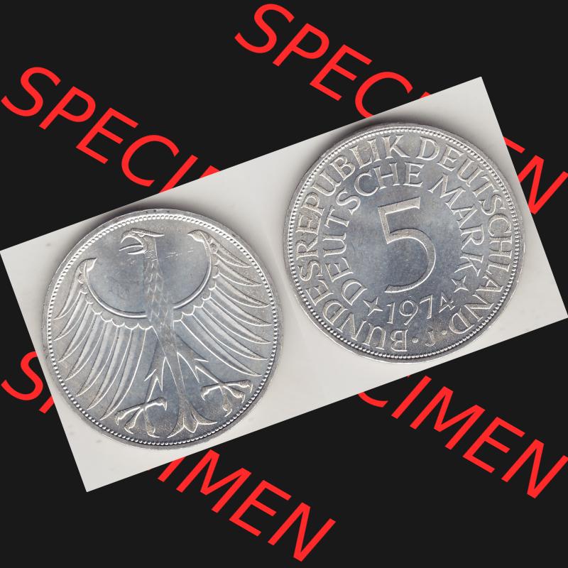 BRD Münzen Silbermünze 1951-1974, 5 DM, 5 Deutsche Mark Silberadler, Heiermann 1974 Münzzeichen / Mzz. "J" für Hamburg - 1. Vorderseite... Sammlung