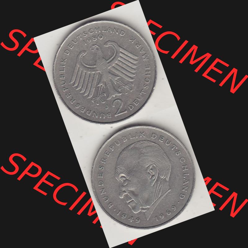 BRD Münzen 2 DM, Gedenkmünze 1969-1987, 2 DM, Deutsche Mark Konrad Adenauer 1980 J-1. Vorderseite und Rückseite einer Münze auf einen Bild / Foto,... Sammlung
